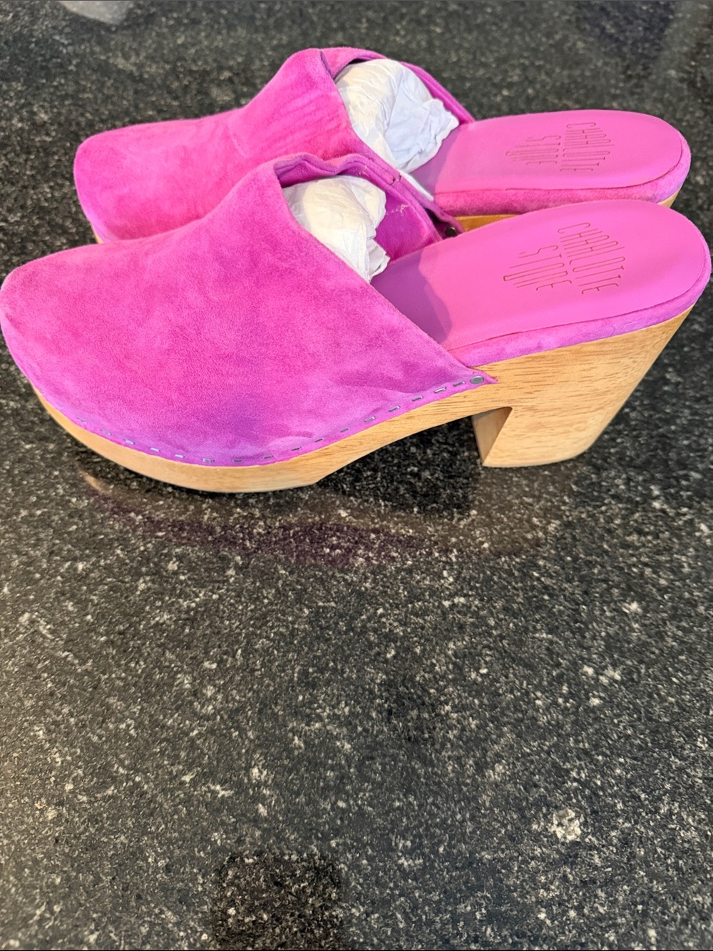 Charlotte Stone Hot Pink Suede Wooden Platform Mules